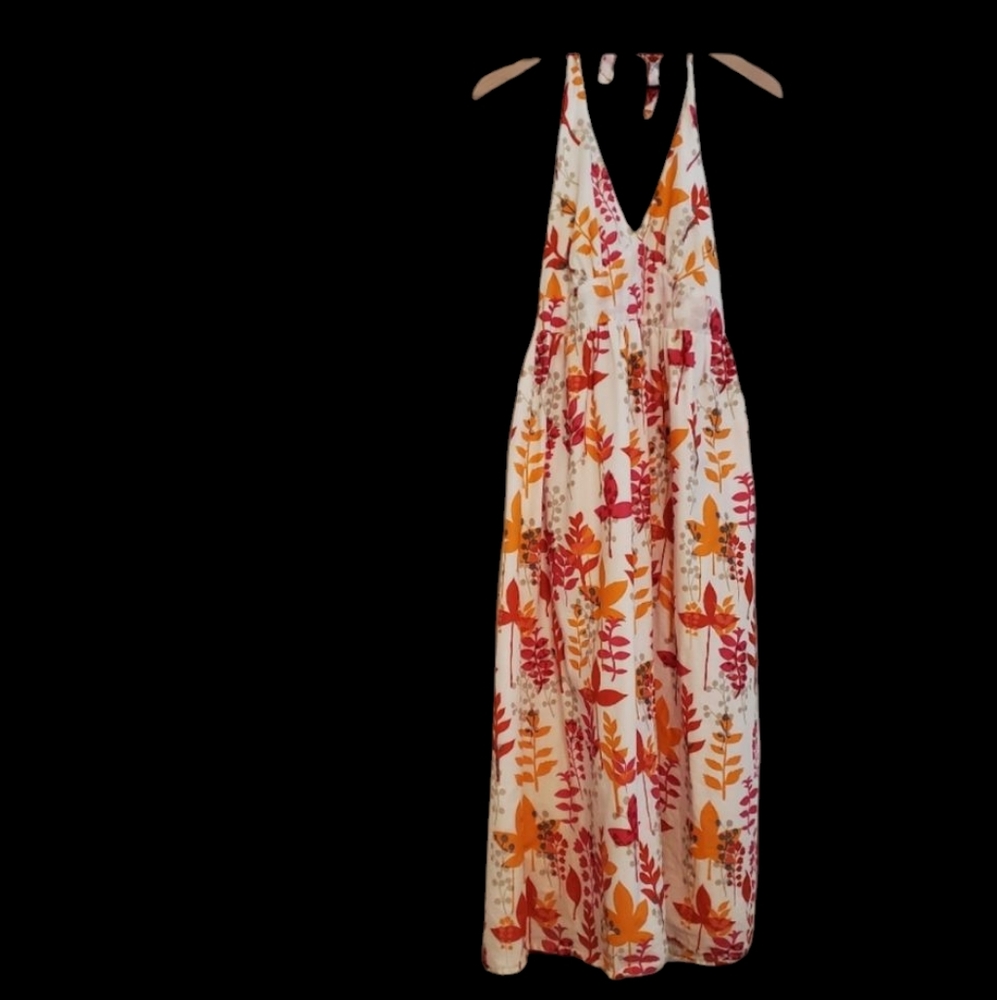 No Boundaries Cotton Fall Leaf Orange Pink Halter Maxi Dress, Size 11/13 Junior